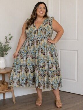 Anthropologie Peregrine Midi‎ Dress Floral Tiered Bohemian Cottagecore Size 2X